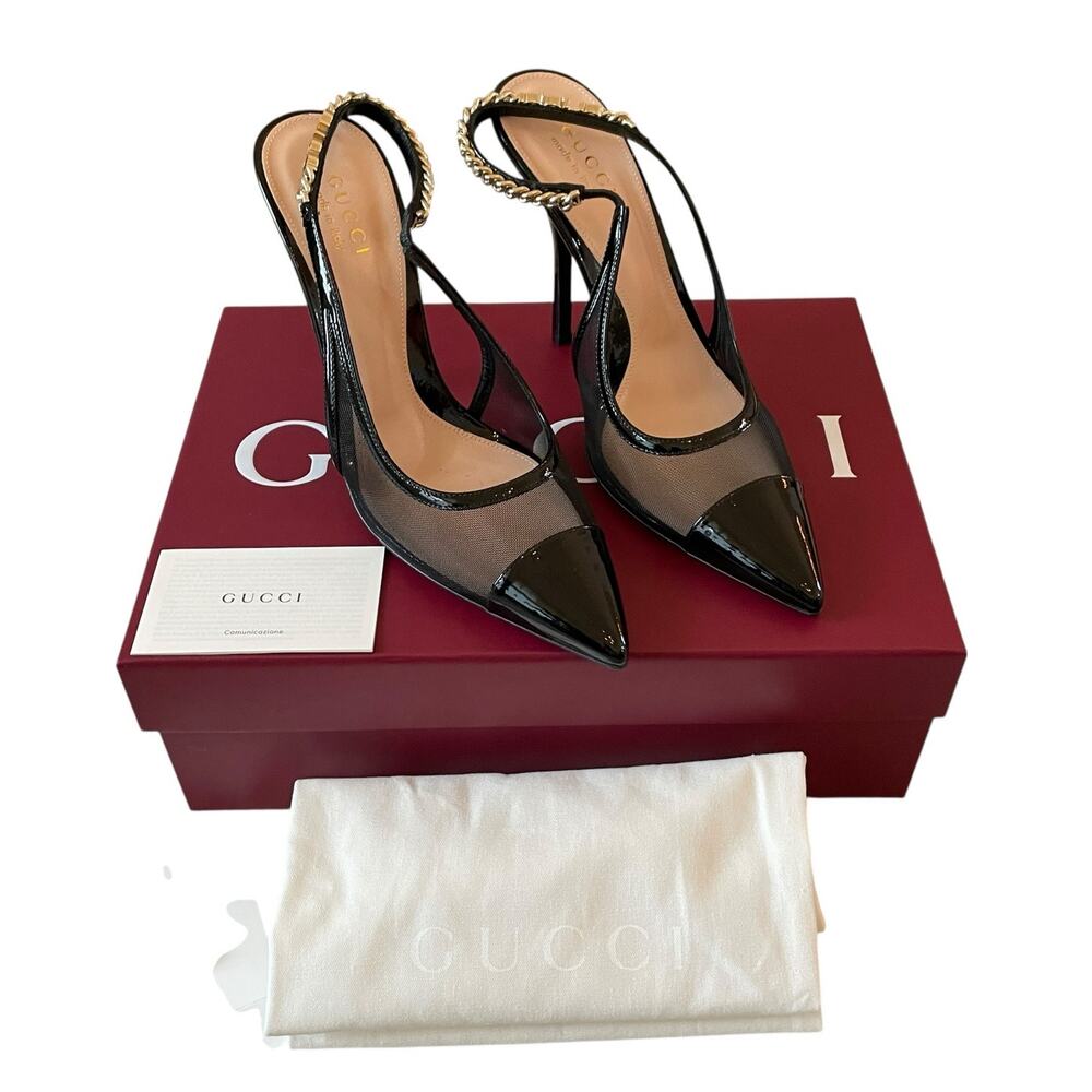 Gucci Signoria Slingback Pumps Black Patent Leather & Mesh EU 39/ US 9 - Picture 3 of 16